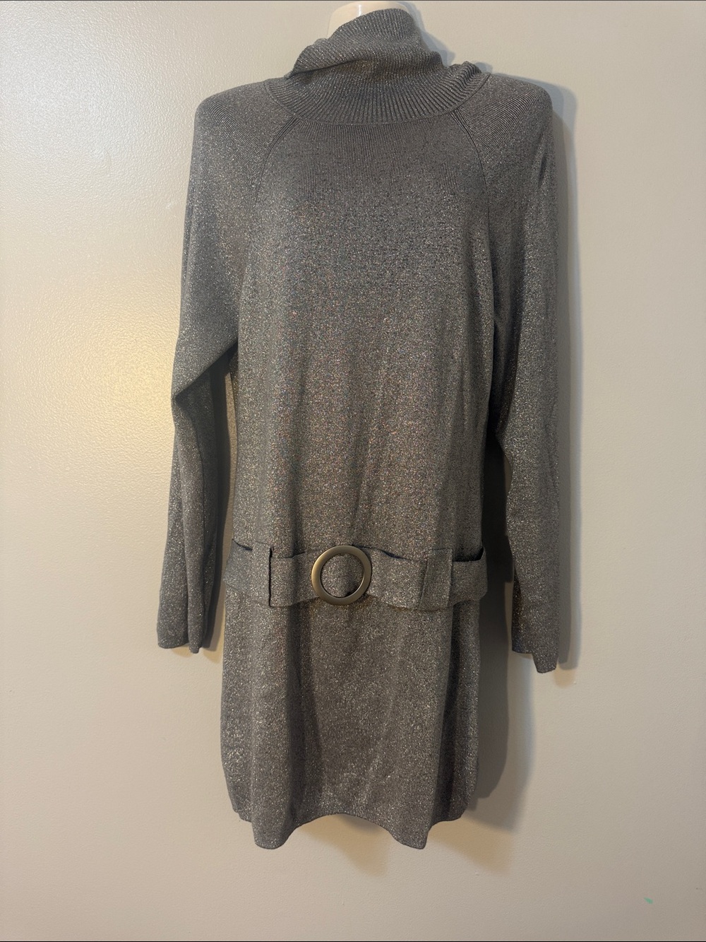 INC International Concepts Metallic Gray Turtleneck Belted Long-Sleeve Dress